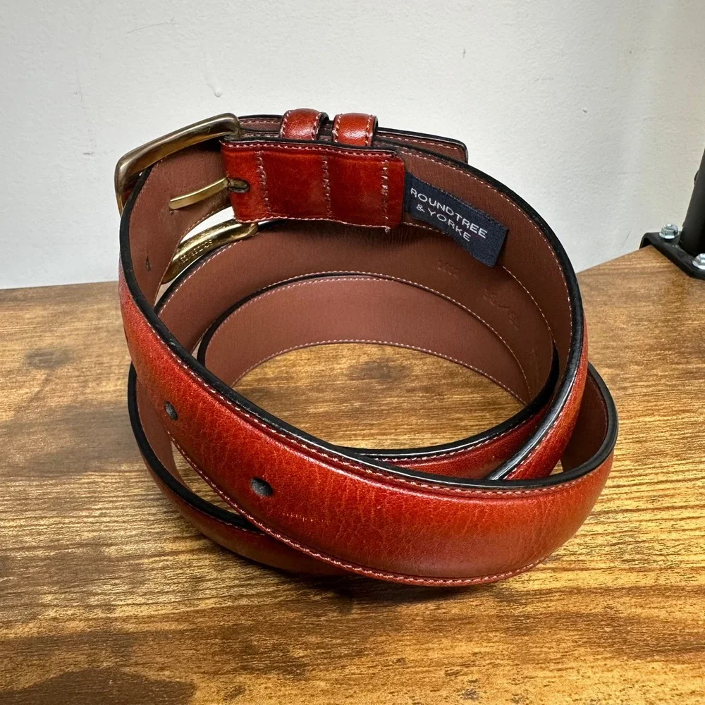 Roundtree &‎ Yorke Mens Brown Italian Full Grain Leather Belt Solid Brass 38 95